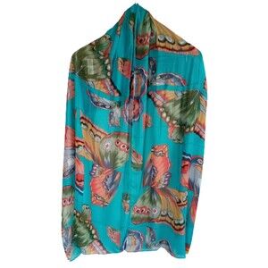 Zazou women's scarf Butterfly floral  blue multi color 72" long 20" wide